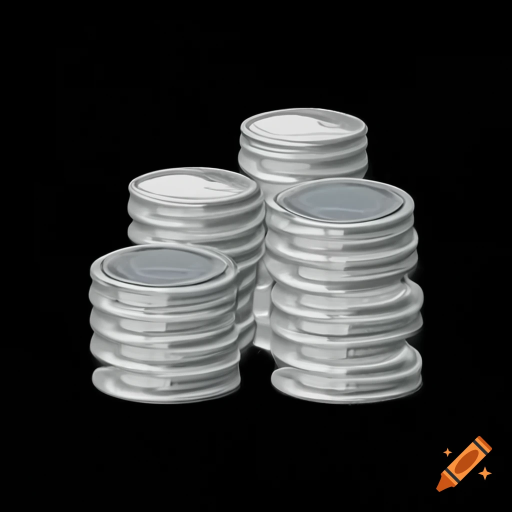 Three stacks of silver coins on a black background, cartoon style