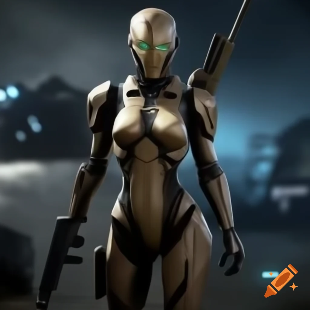 Cyborg warrior in armor armed with laser rifle in futuristic battlefield