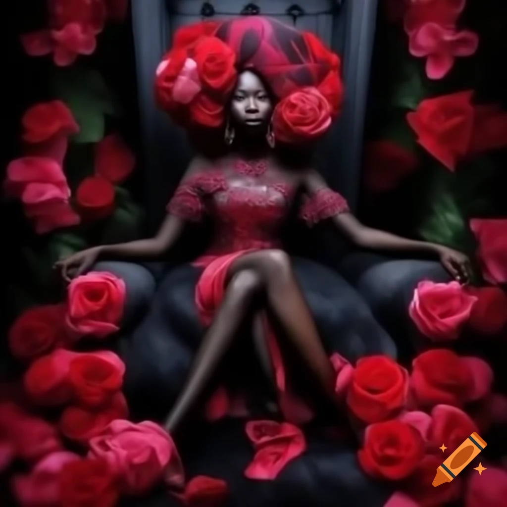 Black girl with red and black hair in rose dress sitting on throne