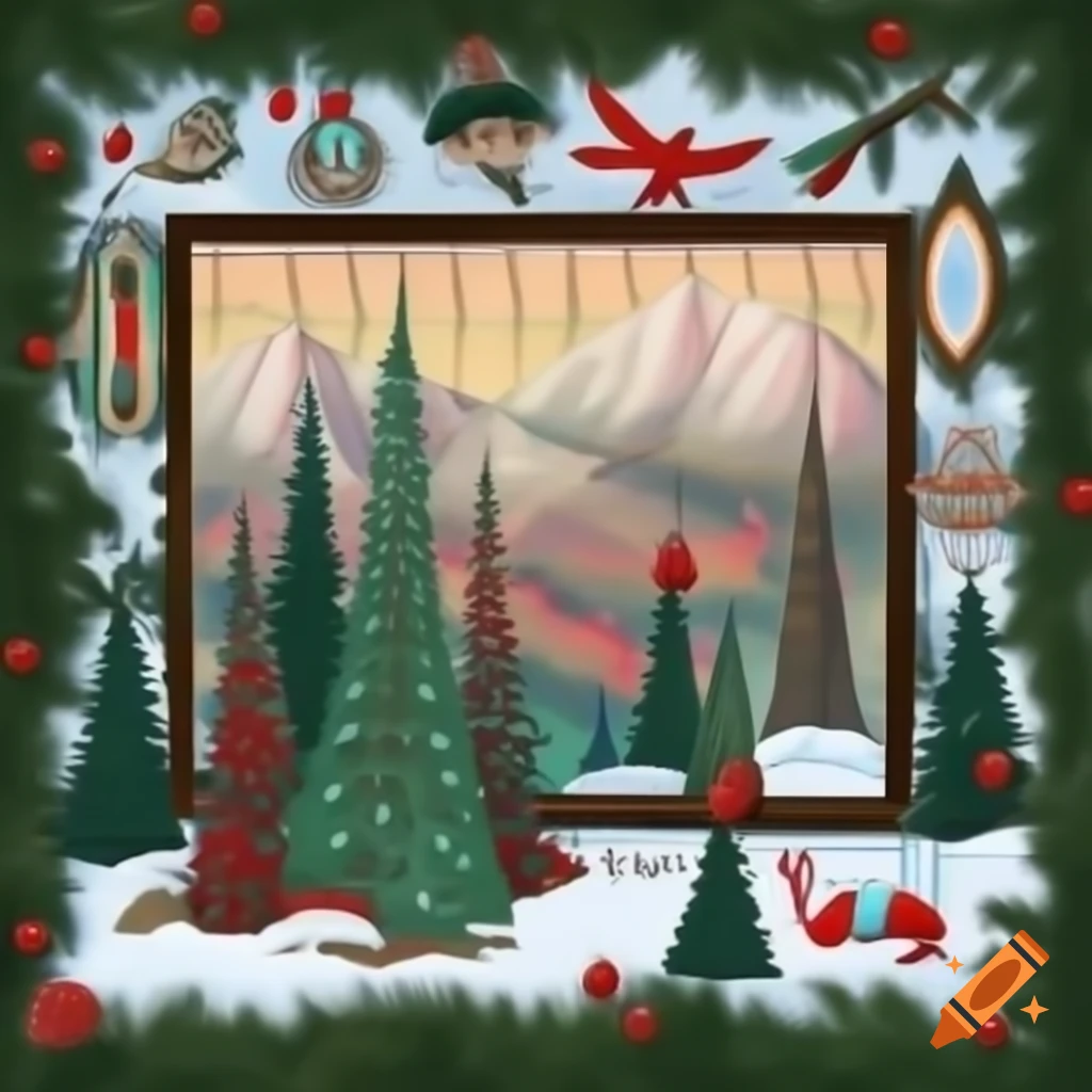 Wide angle panorama of a Christmas forest blending Salish and Russian fairytale motifs with evergreens