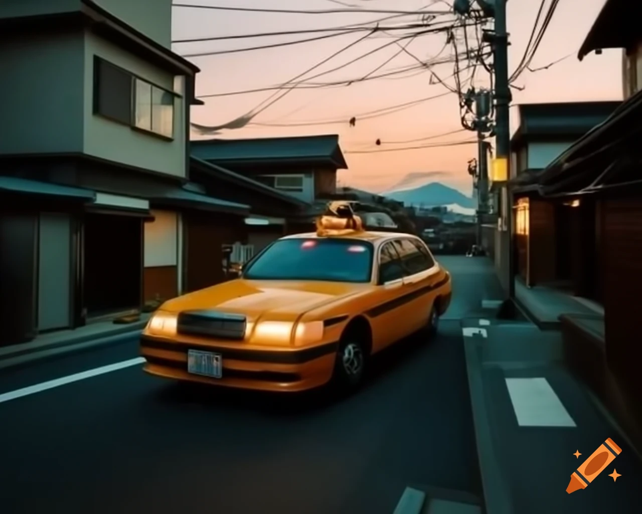Taxi in Japanese neighborhood surrounded by flowers during golden hour