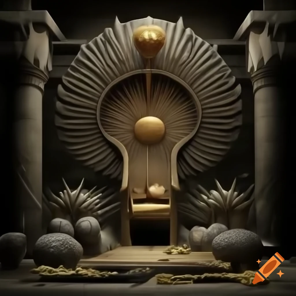 Egyptian throne with stone chair and lion motifs, featuring lotus and papyrus designs