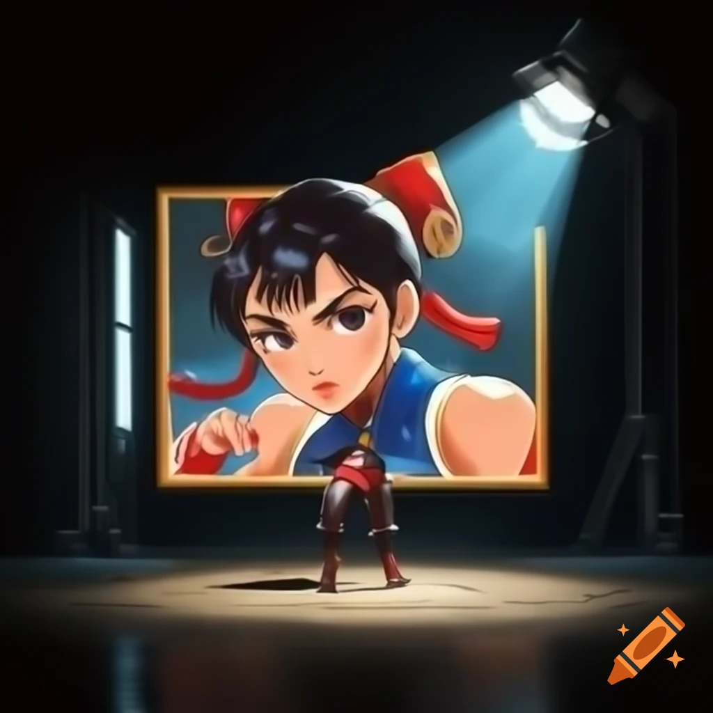 Anime-style Chun-li from Street Fighter posed in front of floodlight