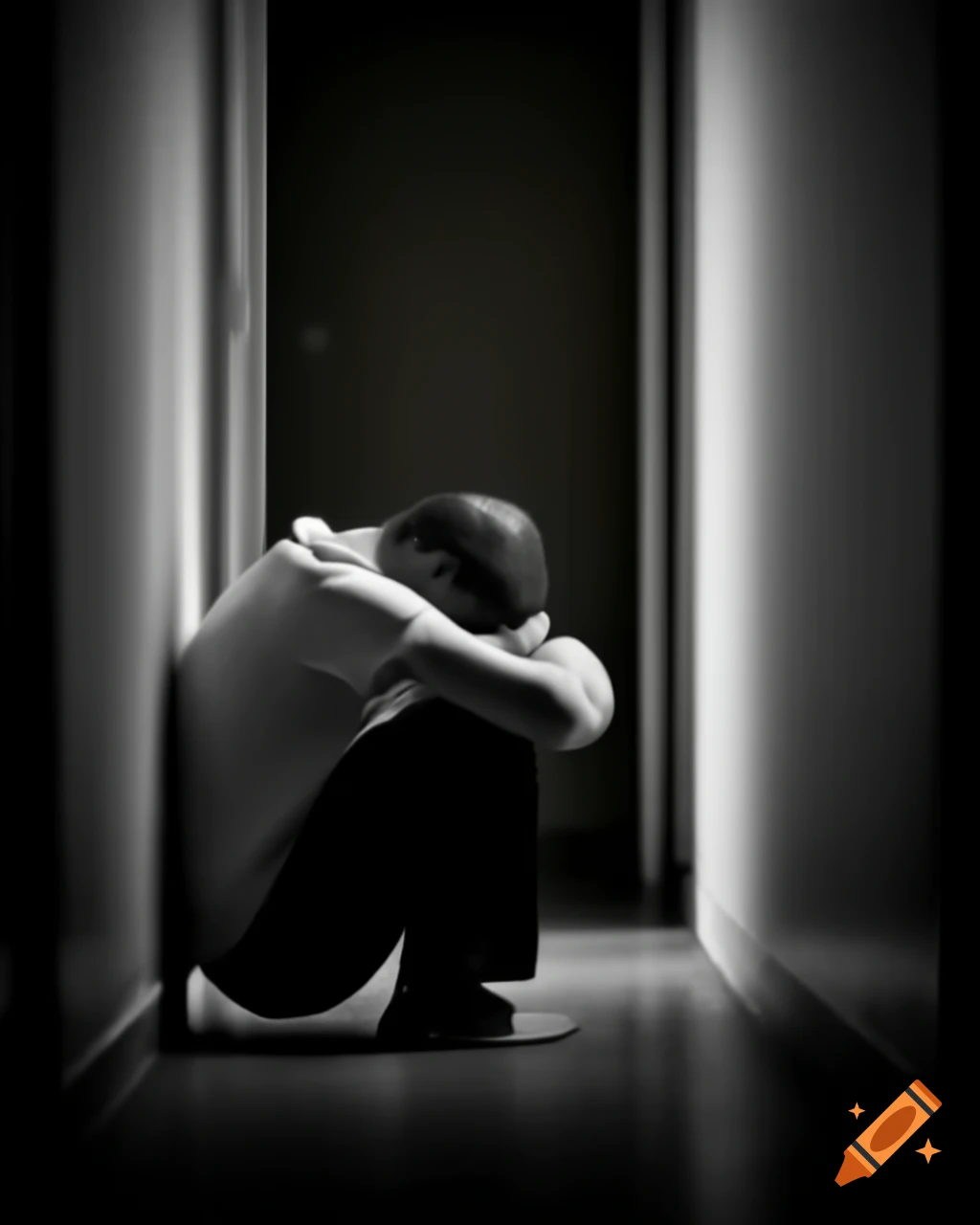 Terrified man crouched in hallway corner