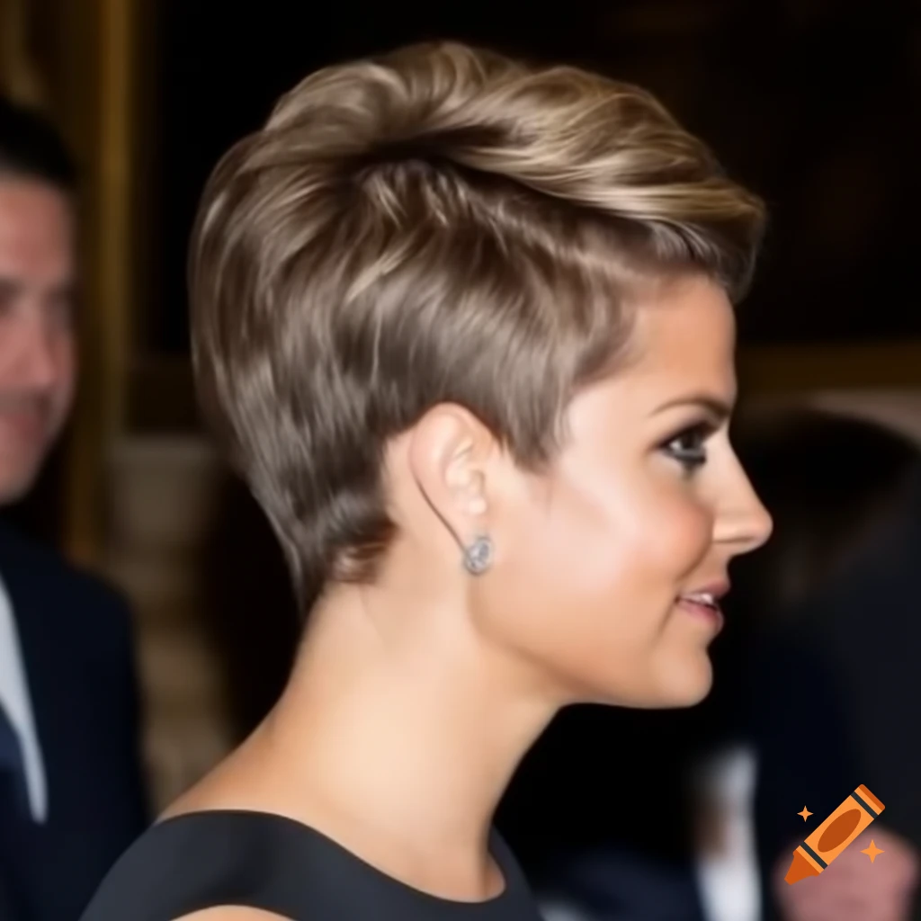 Princess Madeleine showcasing a short pixie cut hairstyle