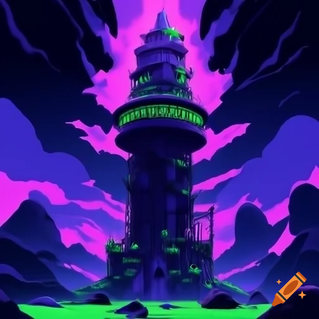 Inspiring illustration of a large purple tower with green highlights