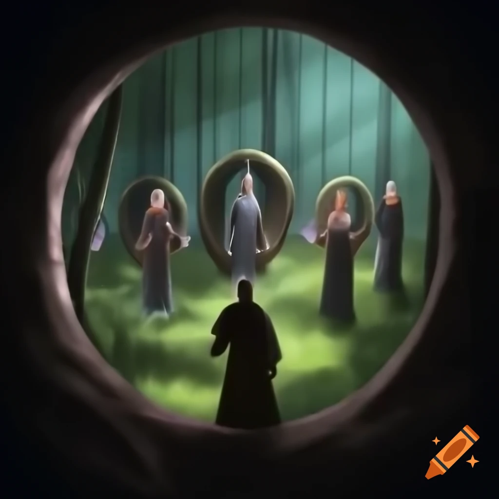 Eight sorcerers in semicircle in forest facing a central figure
