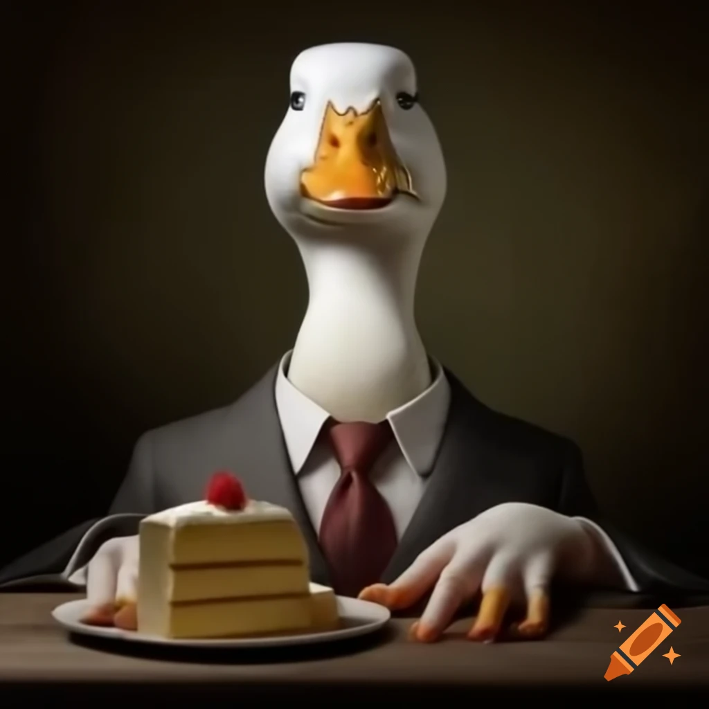 Humanoid duck in a suit with cake illustration