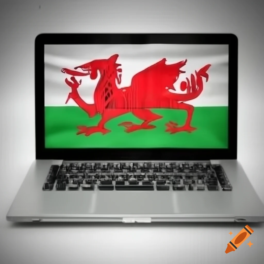 Laptop featuring Wales flag design on the back