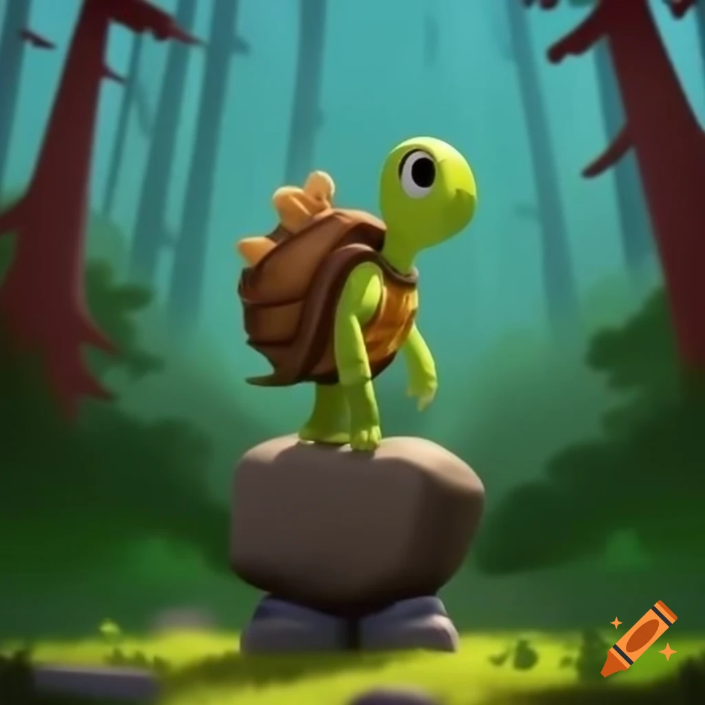 Cartoon turtle on two feet with backpack ready for adventure in the woods