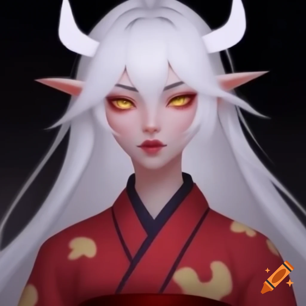 Adult woman with white hair, demon horns, and red kimono, yellow eyes