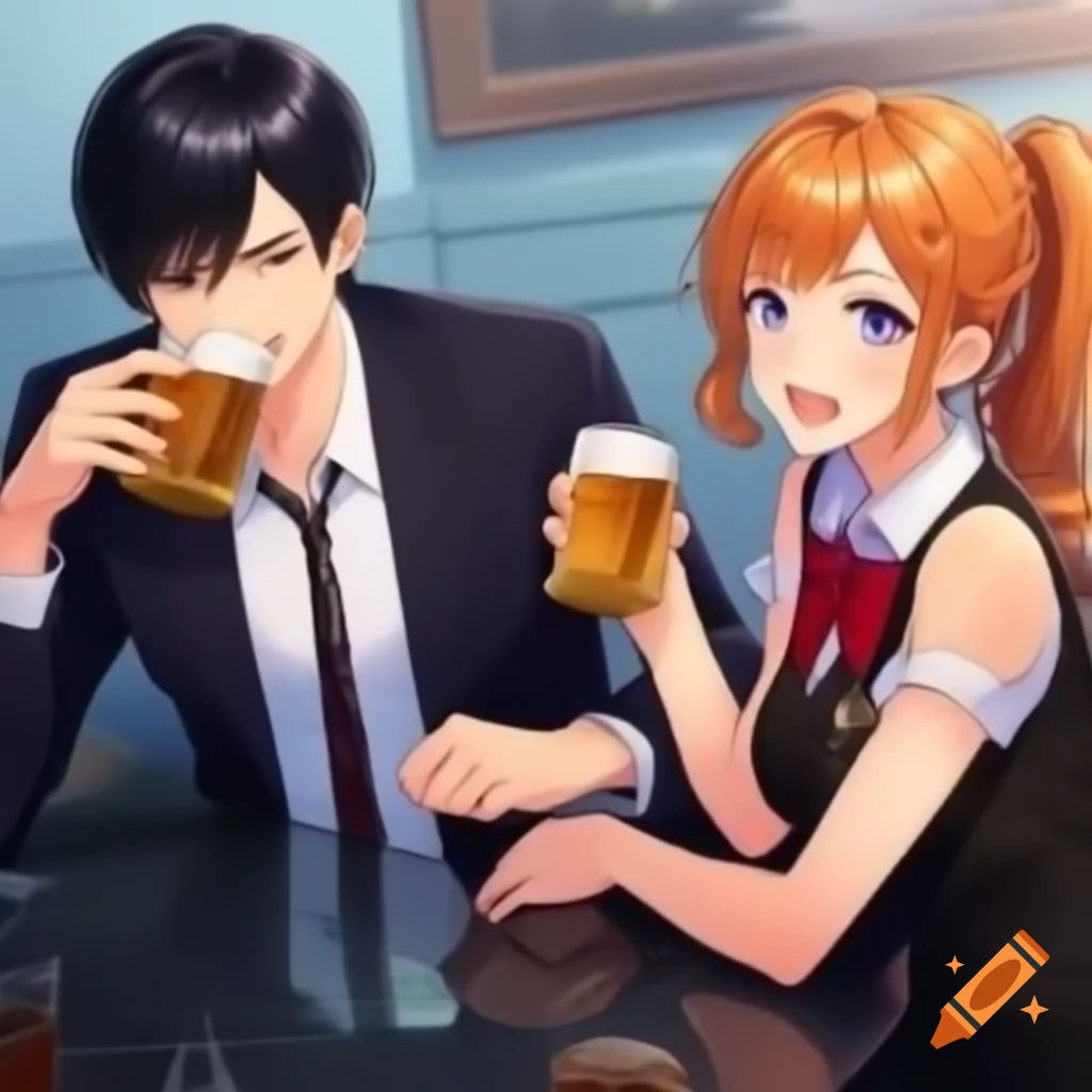 Anime business man and woman enjoying beer together