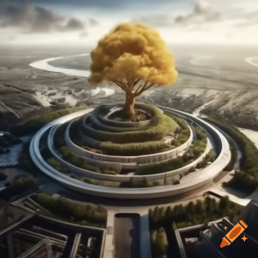 Floating city with concentric rings and golden tree at the center