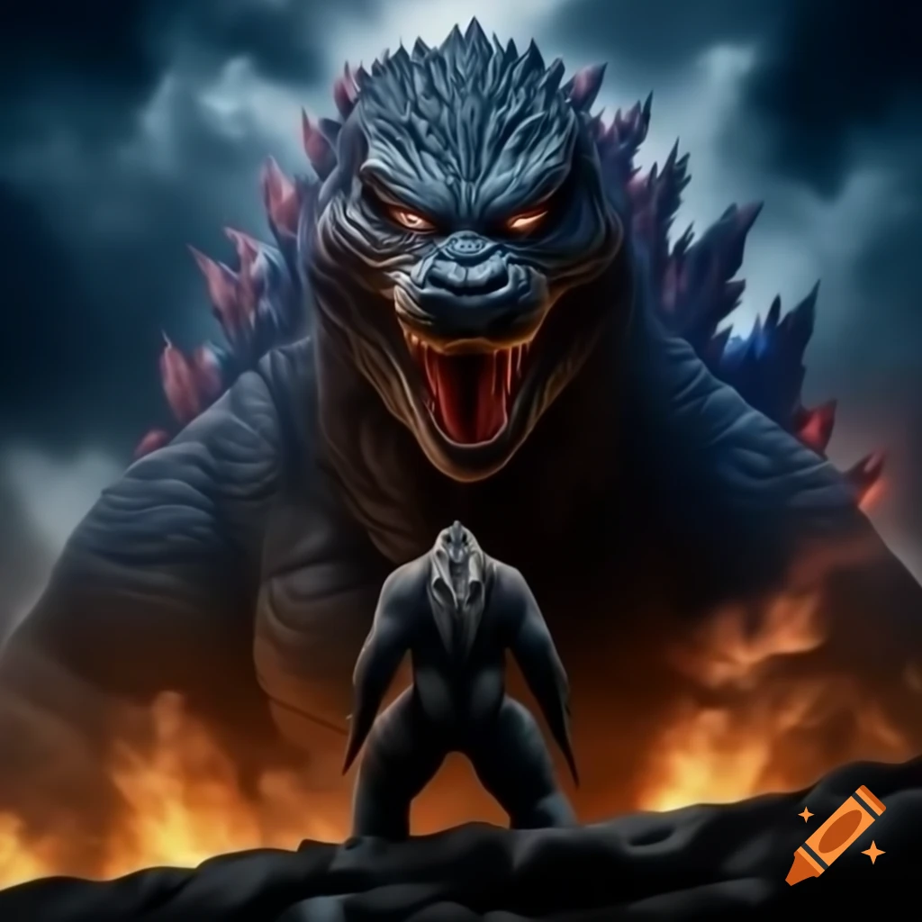 Intense dream battle featuring Putin riding Godzilla in a surreal scene
