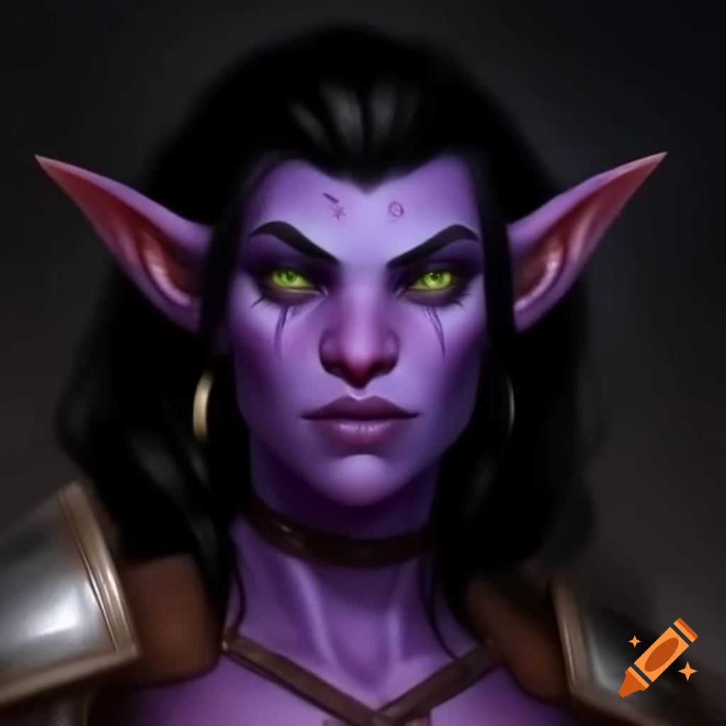 Half Orc female character with purple skin and black hair in leather armor