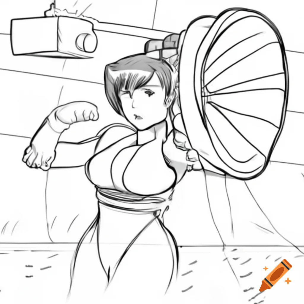 Anime Chun-li from Street Fighter posing in front of floodlight