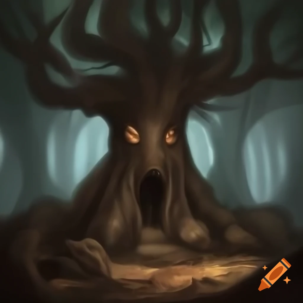 Gothic fairy tale scene with ancient gnarled tree guarding enchanted forest