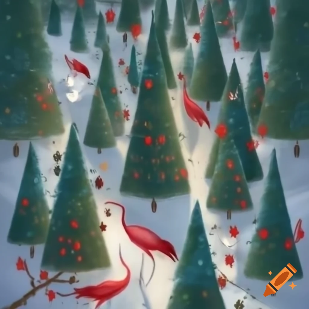 Panorama illustration of Christmas forest scene with Native Salish and Russian fairytale motifs