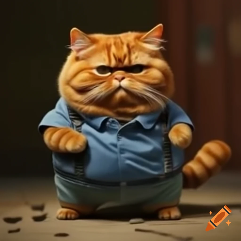 Unique red cat with raccoon tail dressed in blue shirt, jeans, and gloves