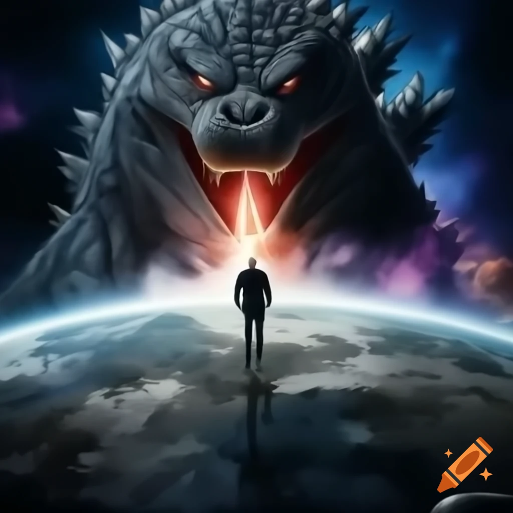 Surreal scene of world leaders on Godzilla's head in a cosmic battle