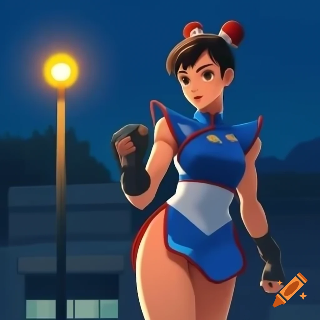 Anime version of Chun-li from Street Fighter in front of floodlight