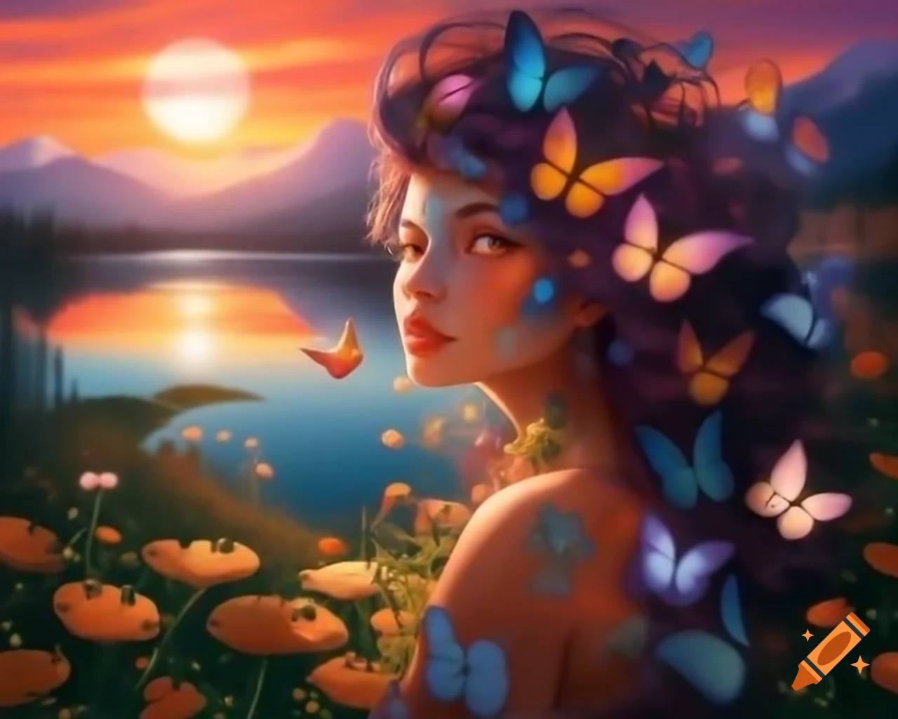 Enchanting woman with colorful hair, wildflowers, and butterflies at sunset
