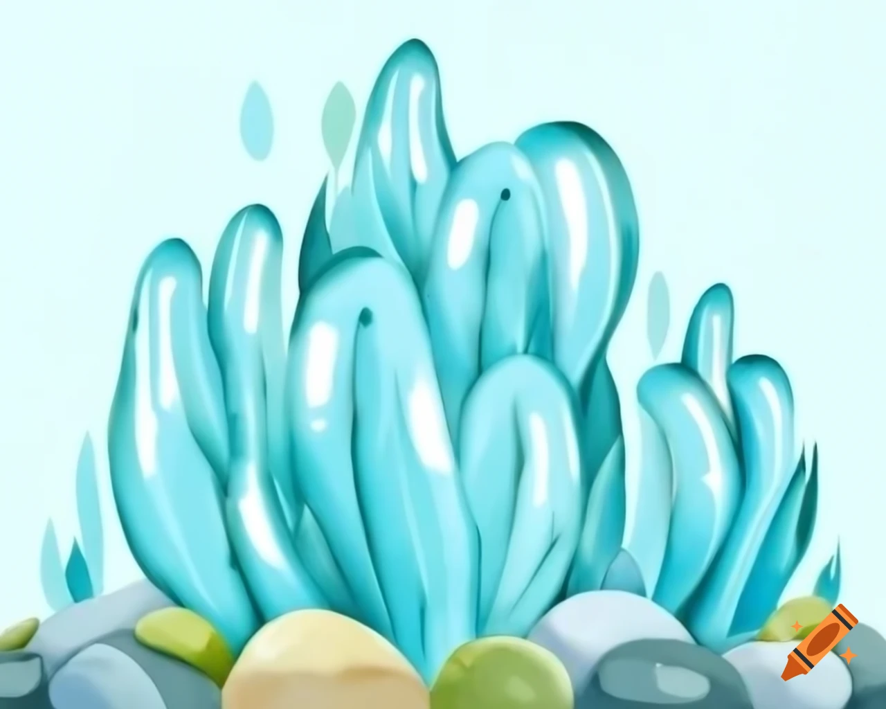 Bubbling brook cascading over pebbles in aqua and green watercolor cartoon style