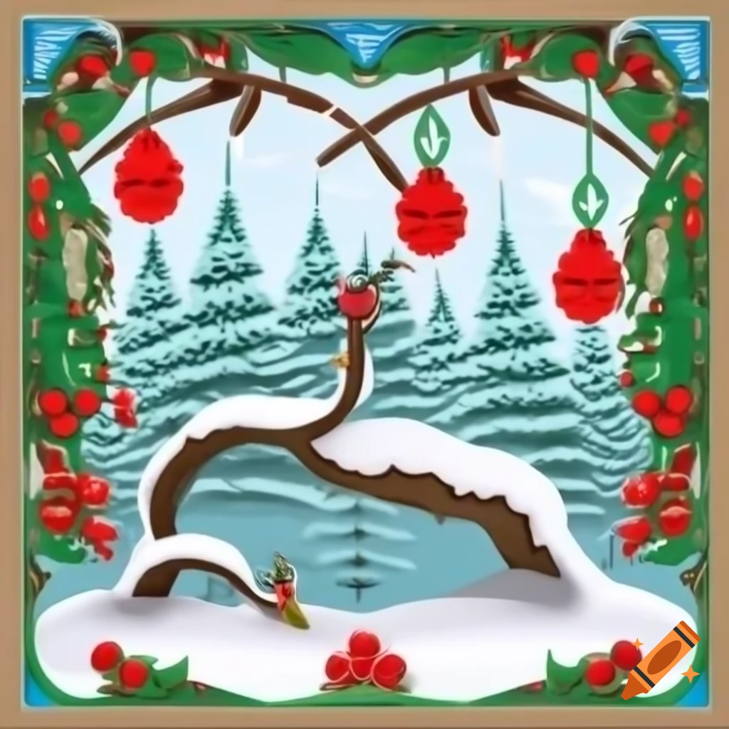 Panorama illustration of Christmas forest scene blending Salish and Russian fairytale motifs