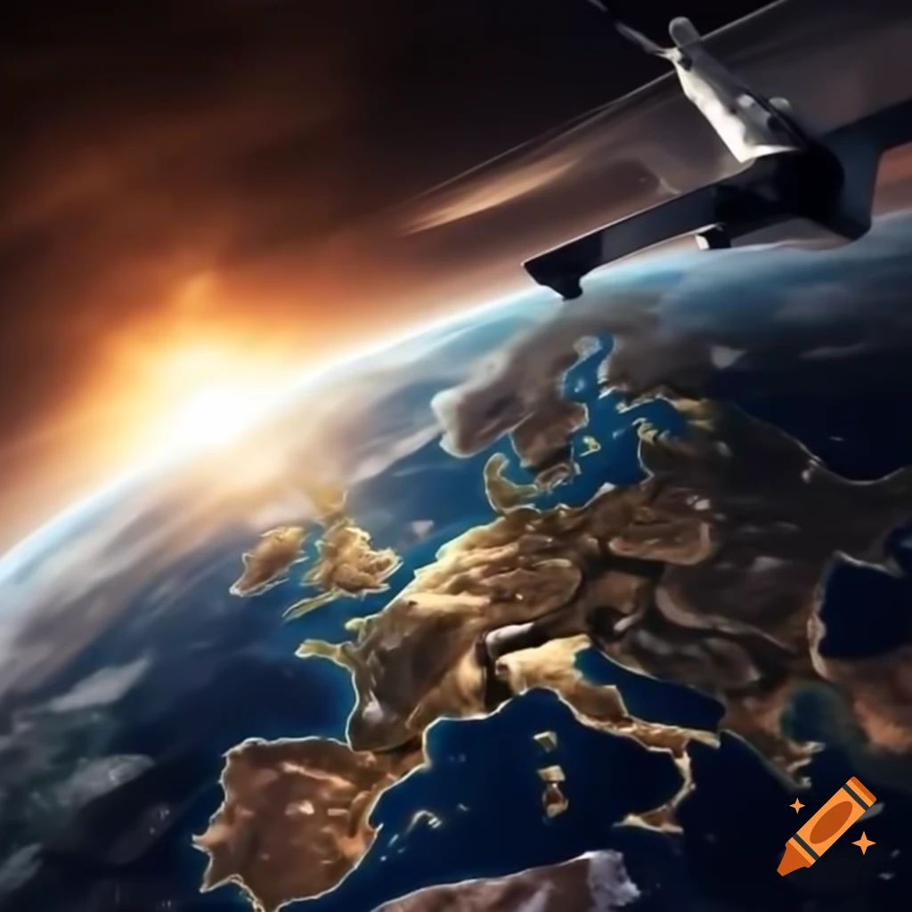 Earth from space during golden hour with a plane in flight over Europe