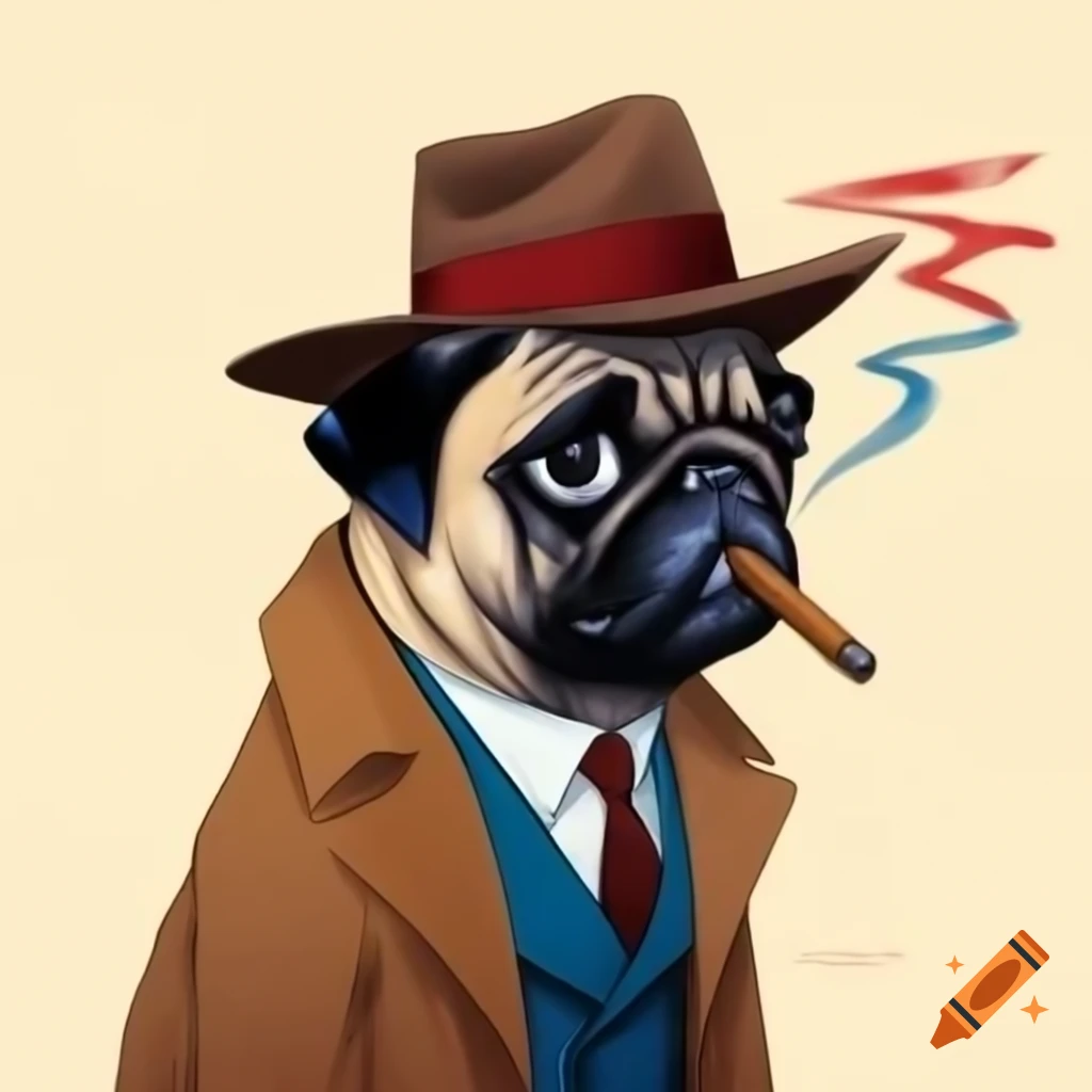 Angry pug detective in fedora and trench coat using magic, American comic book style