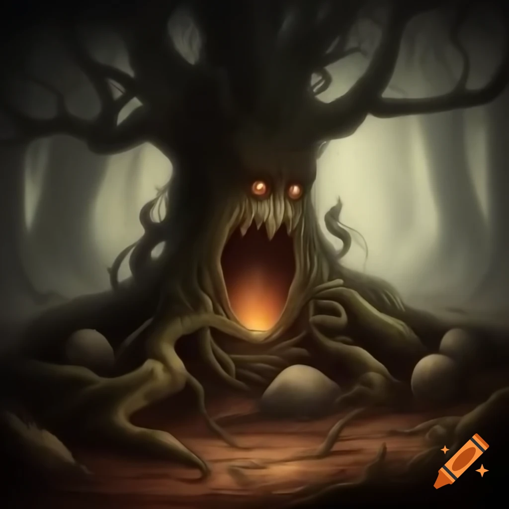 Gothic fairy tale scene with ancient tree as guardian of enchanted forest