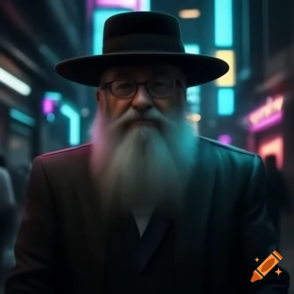 Cyberpunk-themed rabbi character with futuristic elements