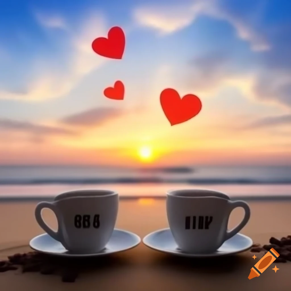 Romantic coffee cups labeled 'Arion' and 'Firefly' on beach at sunrise with hearts in the sky
