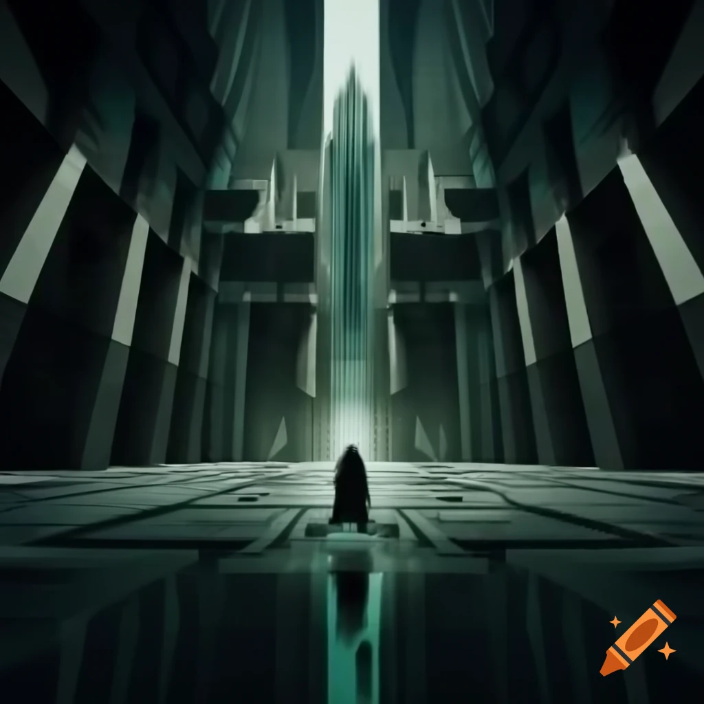 Dystopian future vision featuring Art Deco geometric elegance in deep blue and teal colors