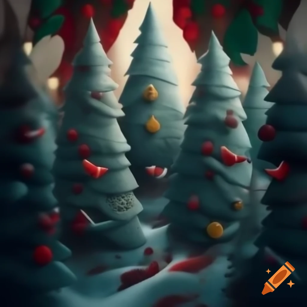 Panorama illustration of Christmas forest scene blending Salish and Russian fairytale motifs