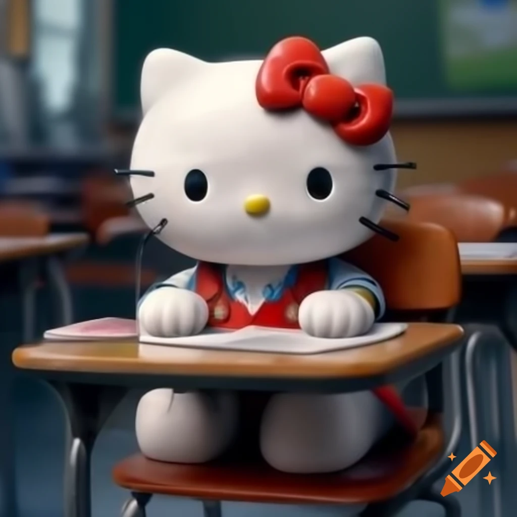 Hello Kitty character sitting in a school chair