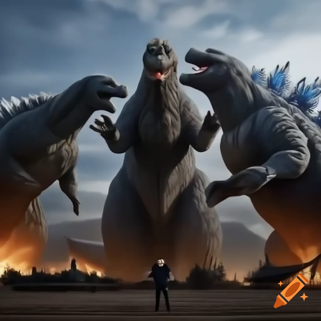 Creative scene of President Putin riding Godzilla during the Great Dream Battle