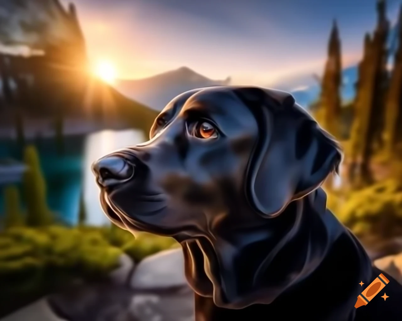Close-up of black Labrador Retriever in forest with trees