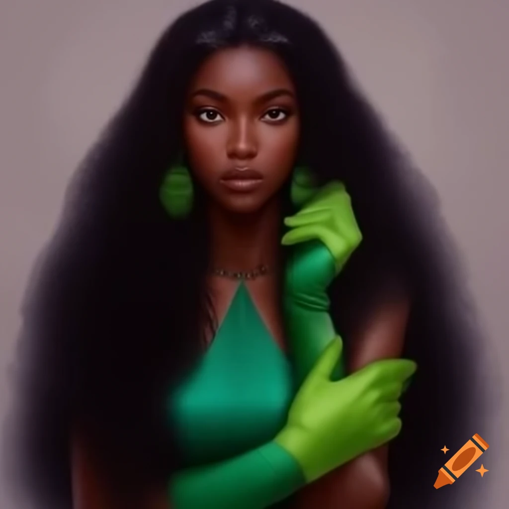 Elegant black woman in green dress and gloves