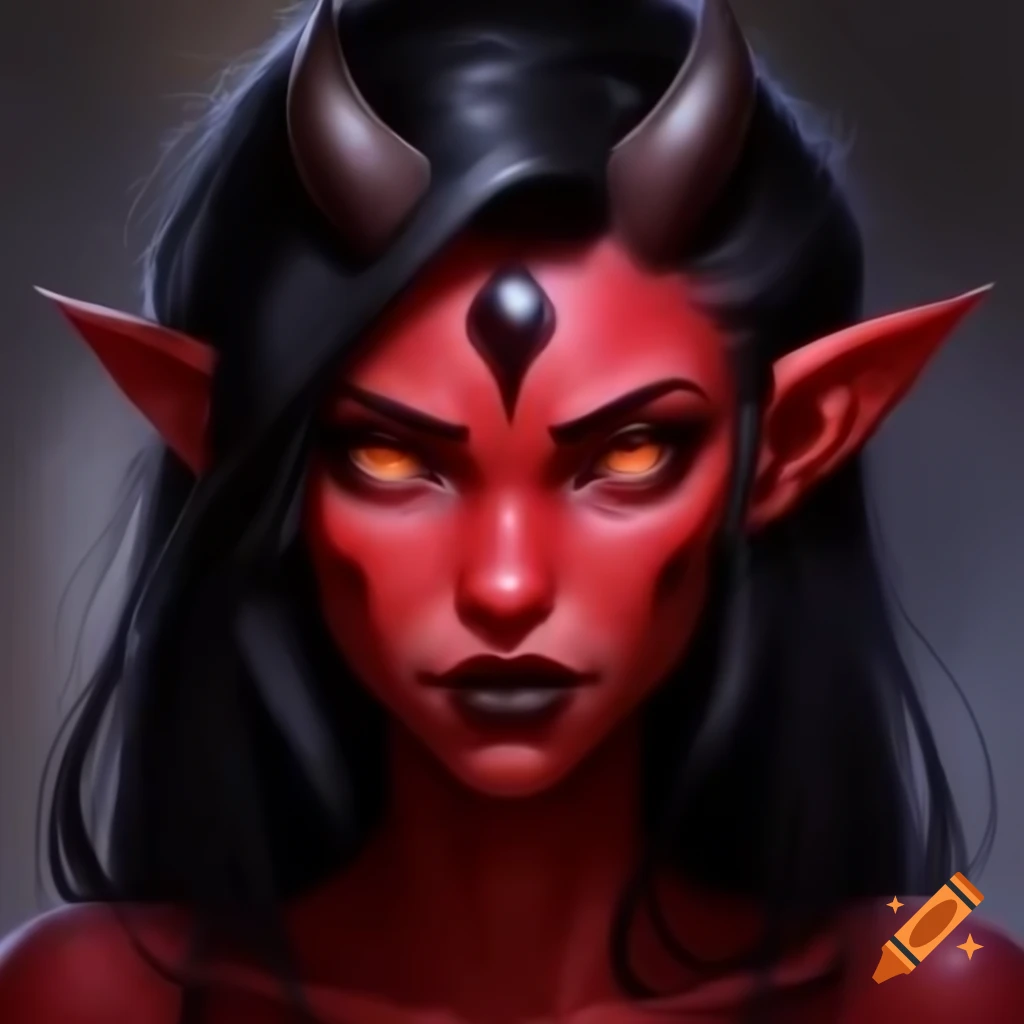 Concept art of a female demon with red skin and dark brown horns