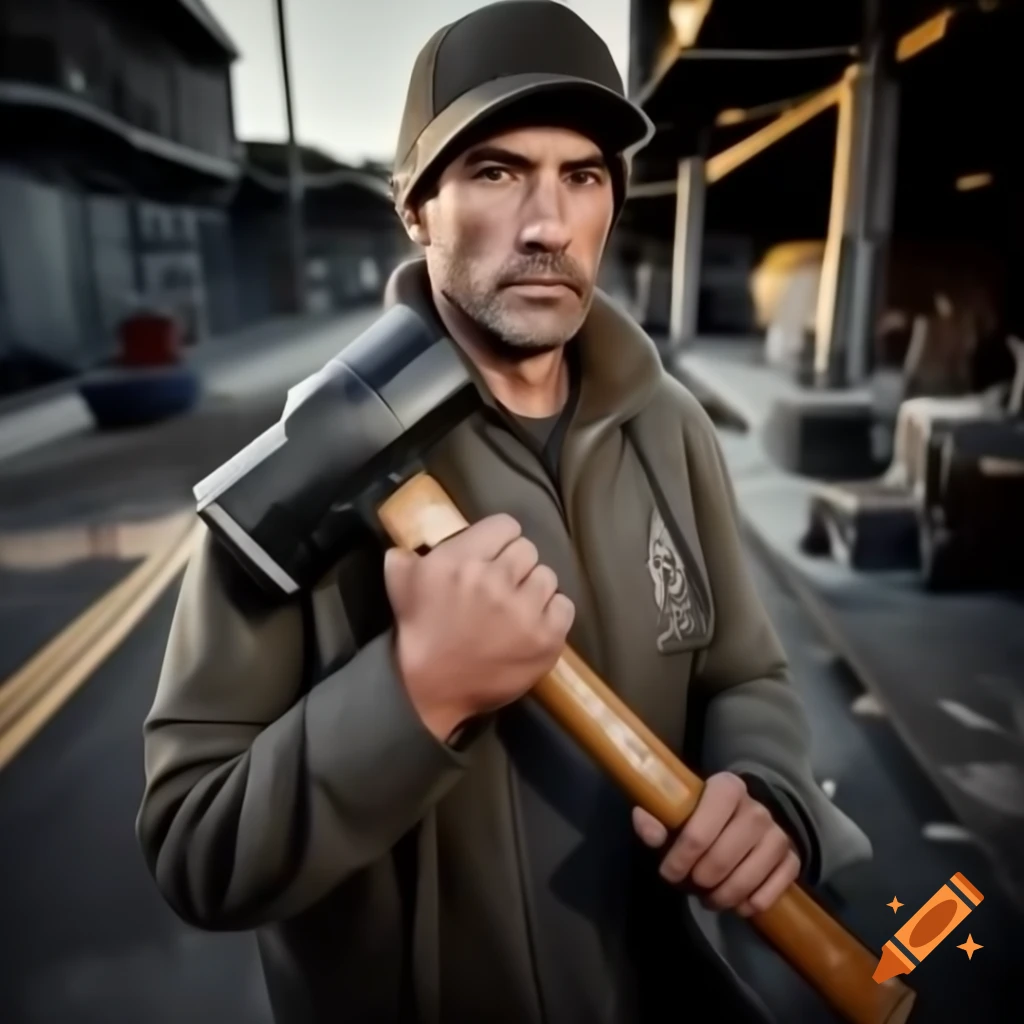 New Zealand construction worker holding hammer in GTA 4 art style