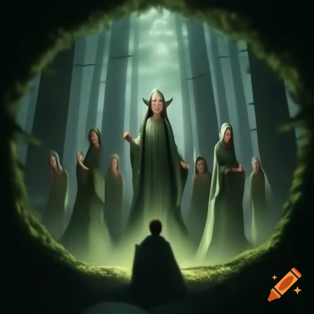 Group of sorcerers in semicircle engaging with a man in a forest