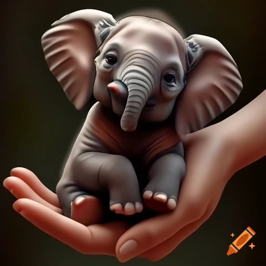 Baby elephant being held in a human hand