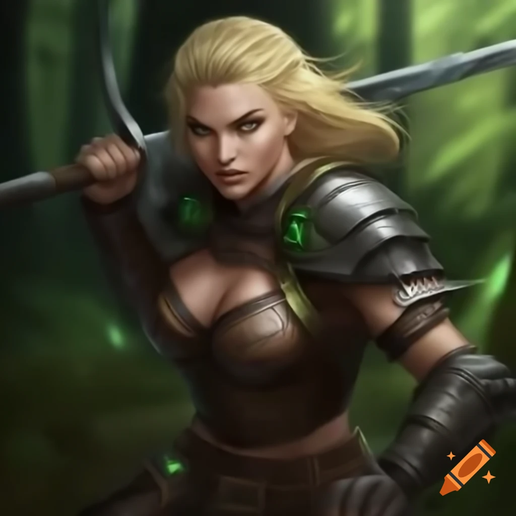 Medieval female warrior in leather and metal armor fighting in forest