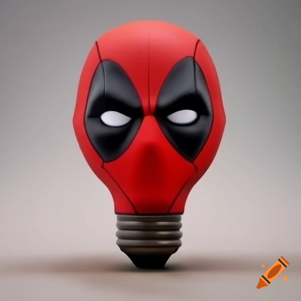 Caricature of Deadpool's head shaped like a light bulb, realistic style