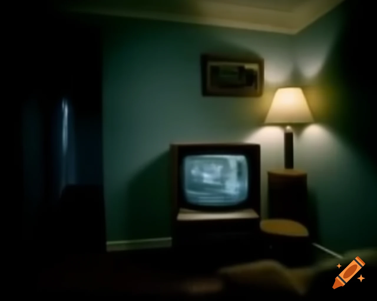 Eerie dark television in 1980s living room setting