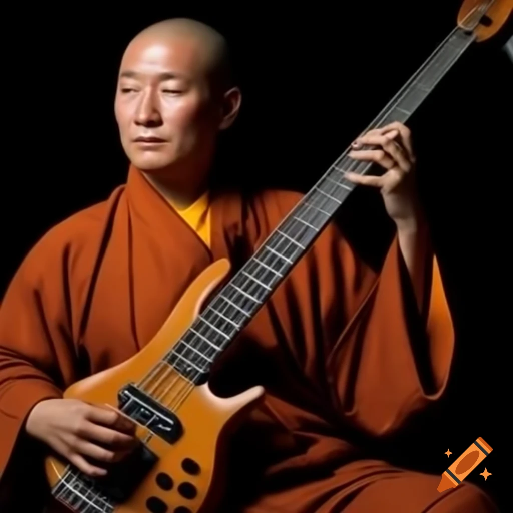 Chinese monk playing electric bass guitar