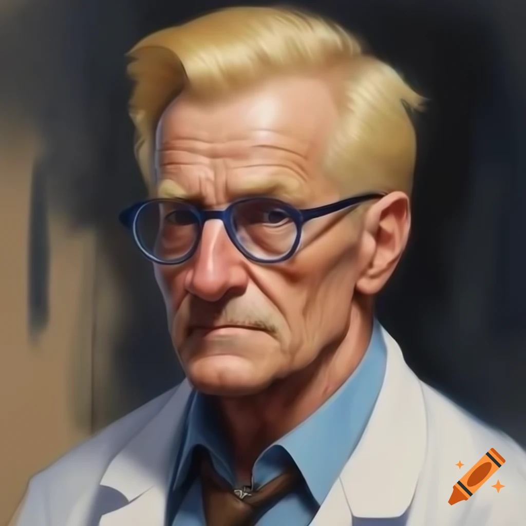Concept art portrait sketch of middle-aged German scientist with blonde hair and glasses