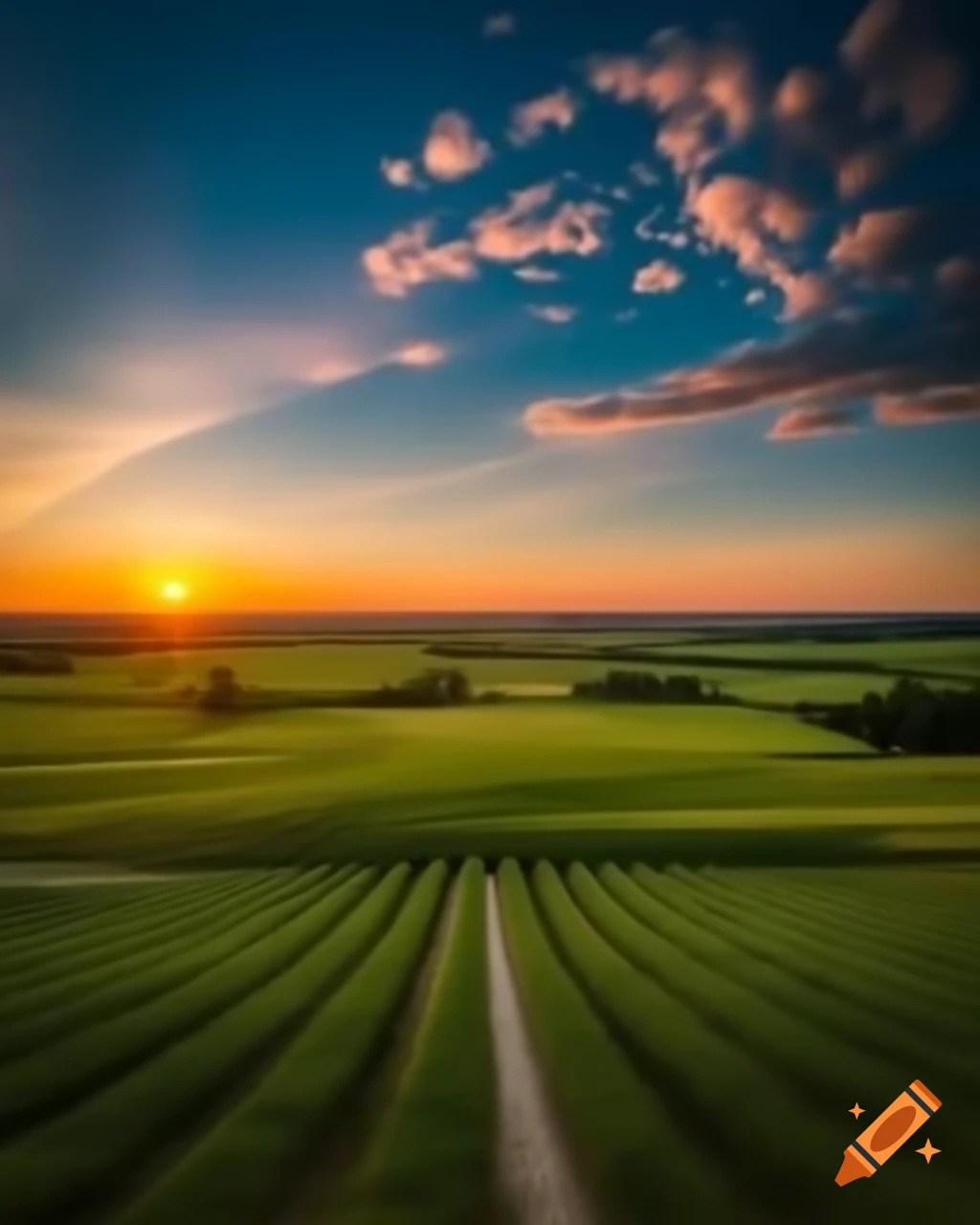 Panoramic view of farmland at sunset