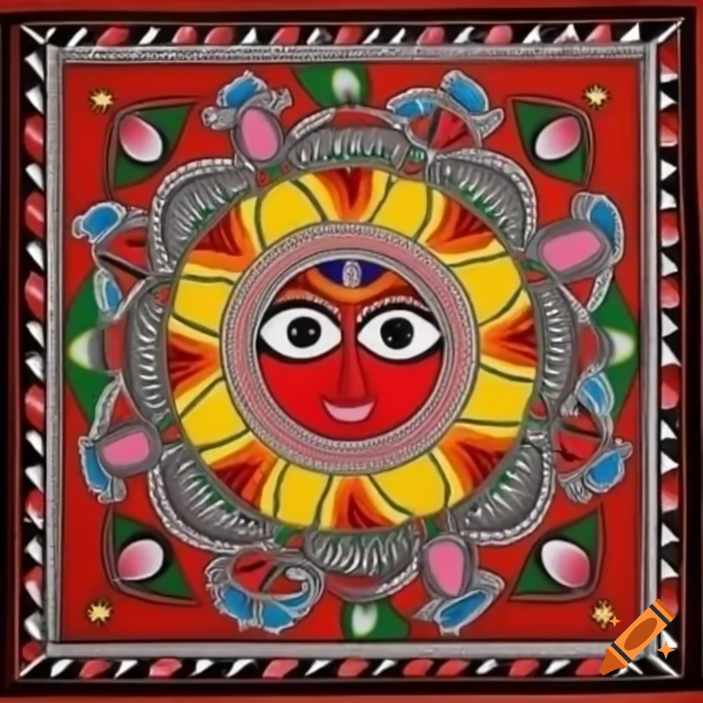 Madhubani Painting Of Sun And Moon In Harmony With Intricate Designs On 